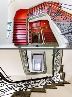 Stiegenhaus/Treppenhaus in der Städtischen Riemerschmid-Wirtschaftsschule in München, Deutschland