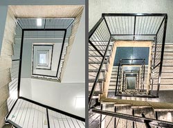 Stiegenhaus/Treppenhaus im Neuen Institutsgebäude NIG in Wien, Österreich