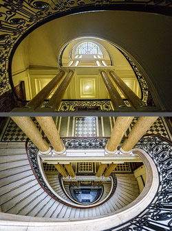 Stiegenhaus/Treppenhaus in der ehemaligen k.k. privilegierte Österreichische Länderbank von Otto Wagner in Wien, Österreich